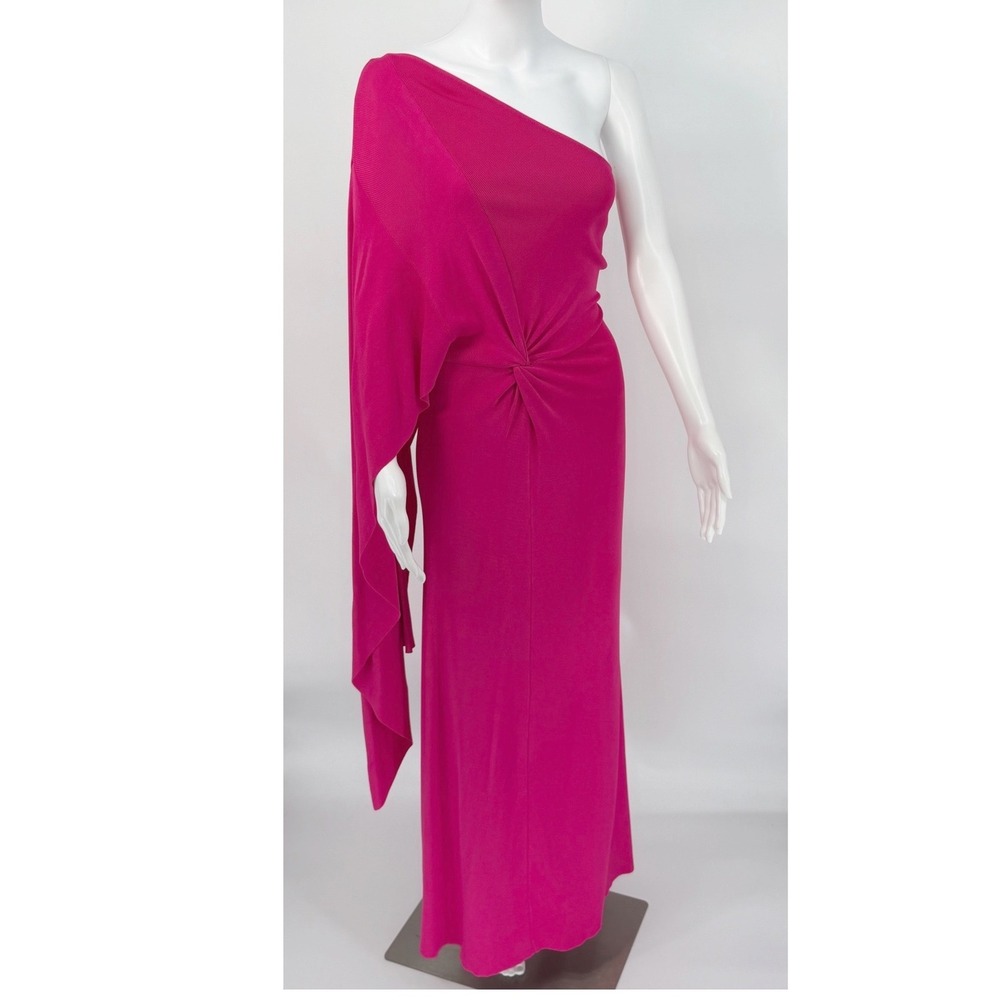 Zara Pink One Shoulder Cape Sleeve Knot Front Ribbed Knit Maxi Dress L 102-65 - Picture 2 of 16